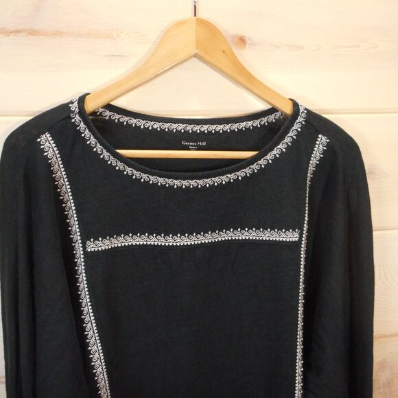 Garnet Hill Women's M Organic Linen Monroe Top Embroidered Black Dolman Sleeve - Picture 2 of 9